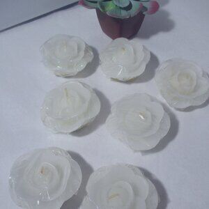 Lot of 7 White Wax Candle-Lite Rose Flowers Shaped Floating Candles